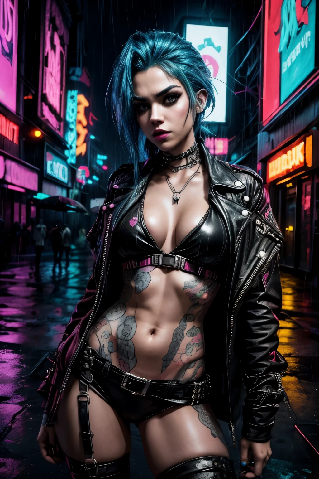 hyper sexual jinx in the style of punk rock, big boobs, brooding, dystopian background, neon lights, dark, rainy