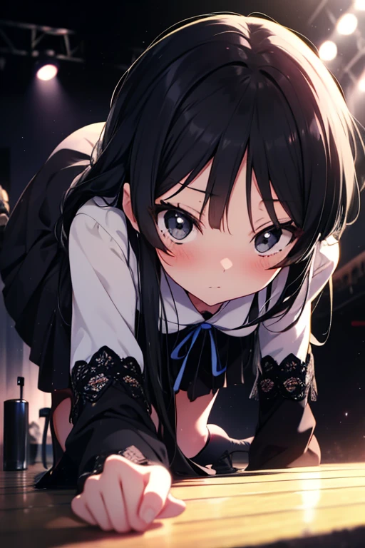 Mount Mimyeong, mio akiyama, (Black eyes:1.5), Black hair, Long hair, Maids，long  skirt，Short boots，Fall down on all fours with your butt turned、red blush，embarrassed from，stage，On stage，BREAK (masutepiece:1.2), Best Quality, High resolution, Unity 8k壁纸, (Illustration:0.8), (Beautiful detailed eyes:1.6), extra detailed face, Perfect Lighting, extremely details CG, (Perfect hands, Perfect Anatomy),