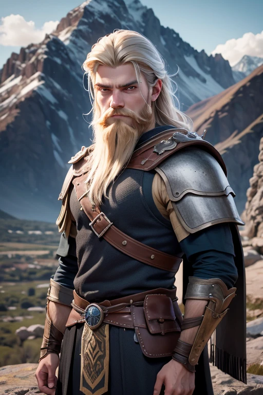 [retrato de cuerpo entero] [young 18 year old norse viking without beard] [Color de cabello negro sin barba vestimenta estilo vikingo con armadura de guerrero vikingo] [Bored expression on face] [Photo taken in a mountainous and spring landscape..] [type of illumination: natural  lighting], extremadamente realista, 8k, detalles locos, Detalles intrincados, bellamente graduado de color, Color Grading, Cinematographer editorial, Cinematographer, Bokeh, Tomada con una lente de 60 mm, ISO 300, f / 4, 1/200th