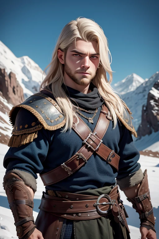 [retrato de cuerpo entero] [young 18 year old norse viking without beard] [Color de cabello negro sin barba vestimenta estilo vikingo con armadura de guerrero vikingo] [Bored expression on face] [Photo taken in a mountainous and spring landscape..] [type of illumination: natural  lighting], extremadamente realista, 8k, detalles locos, Detalles intrincados, bellamente graduado de color, Color Grading, Cinematographer editorial, Cinematographer, Bokeh, Tomada con una lente de 60 mm, ISO 300, f / 4, 1/200th