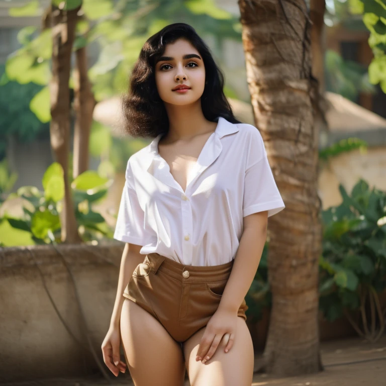 (Egyptian girl), 18 yo ,((face is a mix of Macarena Garcia at 18 yo and Meenakshi sheshadri at 18 yo)), perky breasts, shirt, short skirt, cleavage,curvy,big eyes, long curly black hair, full red lips,thin arching eyebrows, beautiful girl,