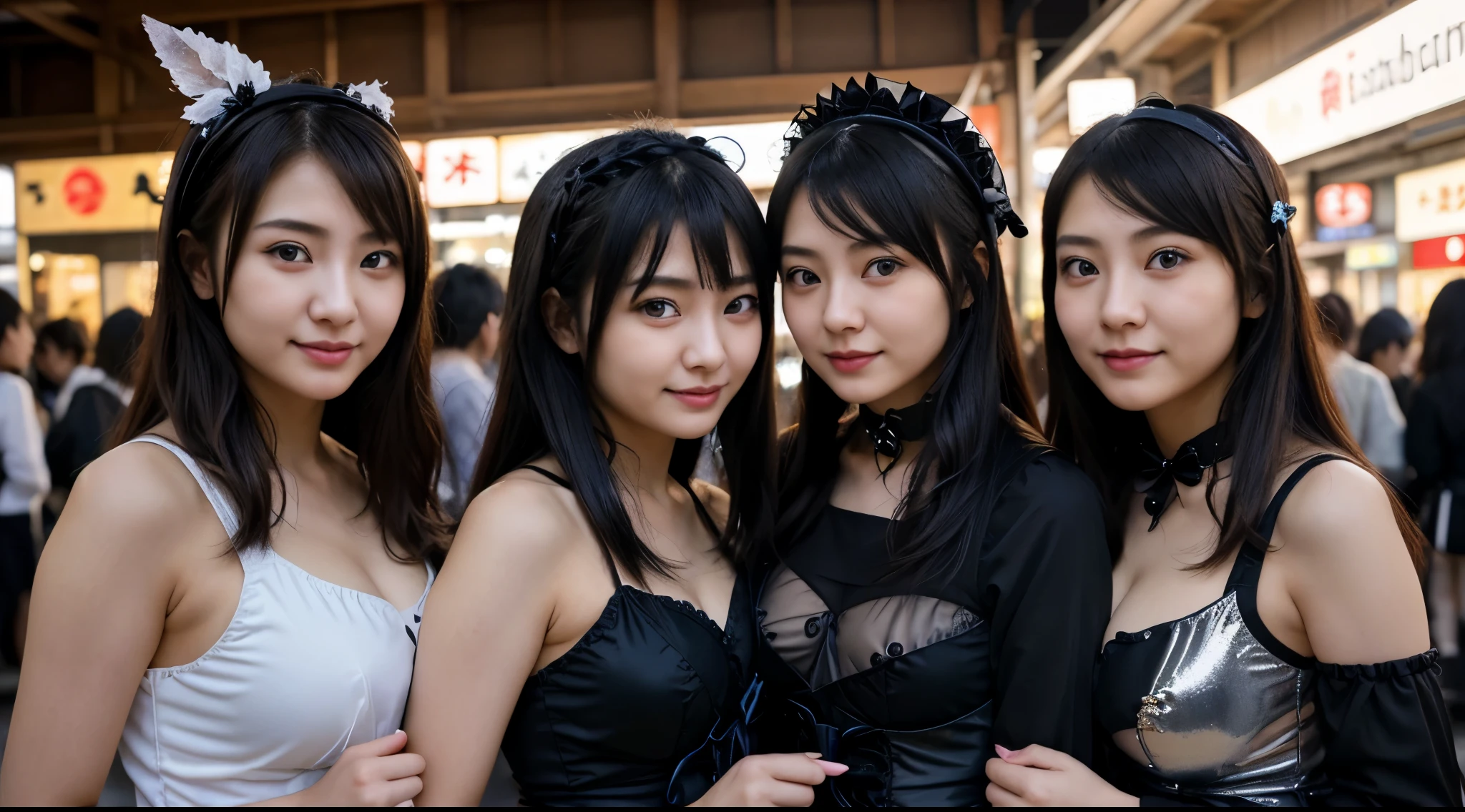 ​masterpiece、最hightquality、hightquality、Top image quality、8K、最hight resolution、hight resolution、Best Quality、Raw photo、in group photograph、realisiticな雰囲気、(Detailed face)、(Detailed hand、Thumbs１References４)、(Japanese beauty )、Very nice face、Beautiful face、((multipel Girls))、((２People Girls))、((embracing each other２People Girls達))、((Beautiful japanese girl))、(A Japanese Lady), ((18 year old beautiful girl))、(Lustrous black hair)、(Long straight hair)、fullllbody、(small breasts with rounded upturn)、Athlete Body、(shinny skin)、(Fair skin)、realisiticな人の肌、realisiticな人体構造、Perfect body， face perfect， perfect hand， Perfect Finger， Perfect lips， perfect  eyes，perfect teeth、Perfect background， perfect vibe， Professional quality， Perfect Photo， hightqualityのオクタン価レンダリング， hightqualityのベクター， ultra - detailed，Clear skin，looking in camera、(realisitic、Photorealsitic:1.37)、natural soft light、photon maping、２Heavy eyelids、 The shape of the nipples is clearly visible、The shape of the pubic area is clearly visible、in tokyo akihabara、on the road、In the crowd、((transparent random color metallic(Gothic Lolita Costumes))、Random close-ups