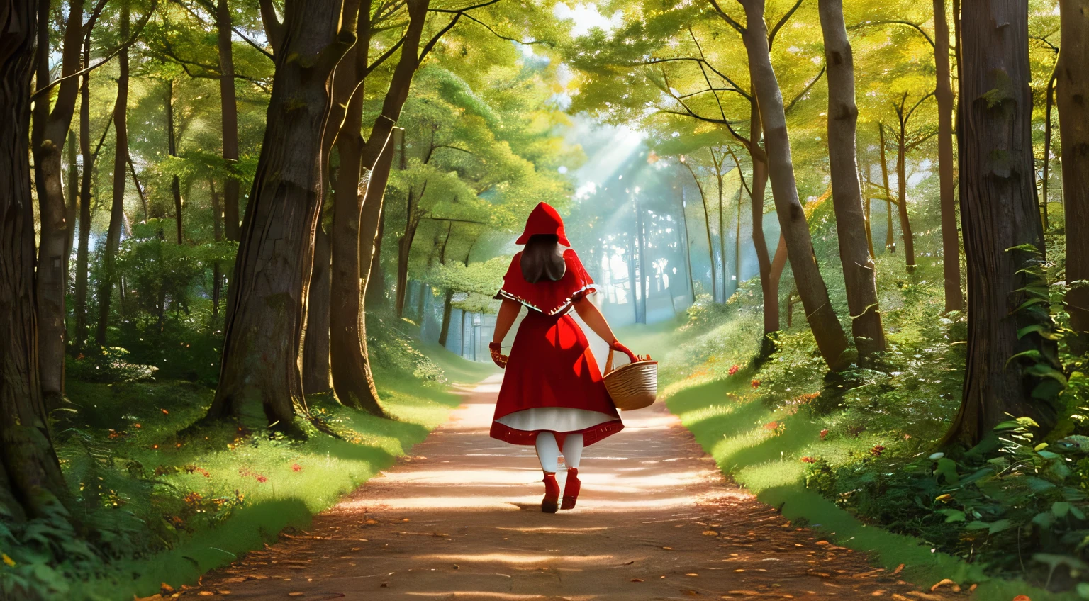 Ilustre Chapeuzinho Vermelho caminhando pela trilha da floresta, surrounded by majestic trees. The sun shines through the leaves, highlighting your journey to your grandmother&#39;s house, with a basket of goodies in hand.