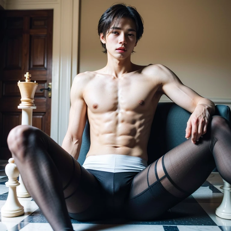 (masterpiece, best quality, 4k, photo, looking at viewer, beautiful eyes, male ballet tights, crotch bulge:1.35), (androgynous male, chess ballet, checkmate, your white king will be castrated because you played as white and lost the game:1.5)