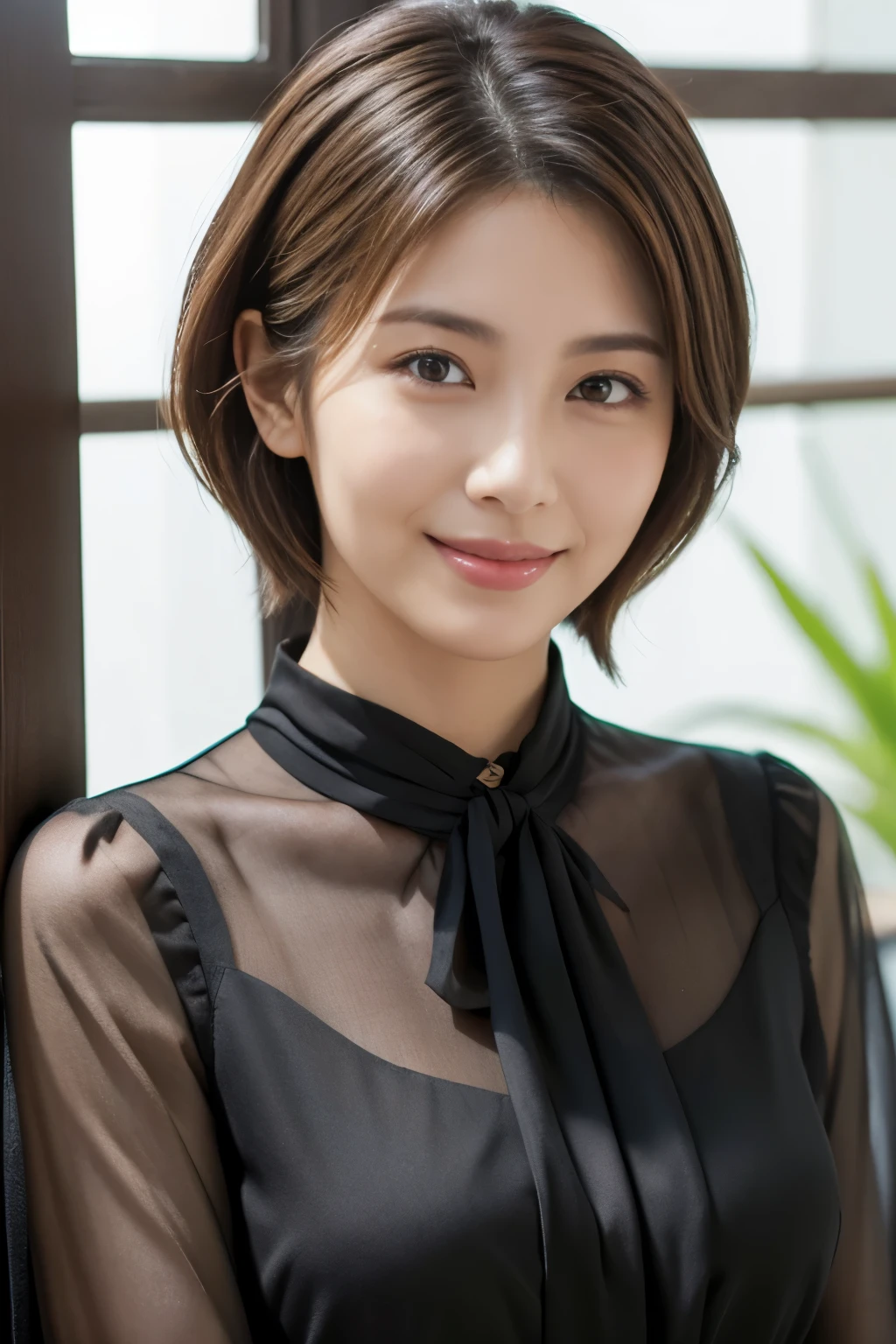 (Raw Photo), (Photorealsitic), (Masterpiece), (Best Quality), High Resolution, 8K, (Intricate Details), (Voluminous Light), Portrait, Female, 35 Years Old, Short Hair, Straight Hair , layered hair, brown hair, very fine eyes, source order, very fine eyebrows, very fine skin, very fine mouth, very fine nose, cute like an idol, happy smile, ((thick lips)), (looking at the viewer ), (elegant blouse),