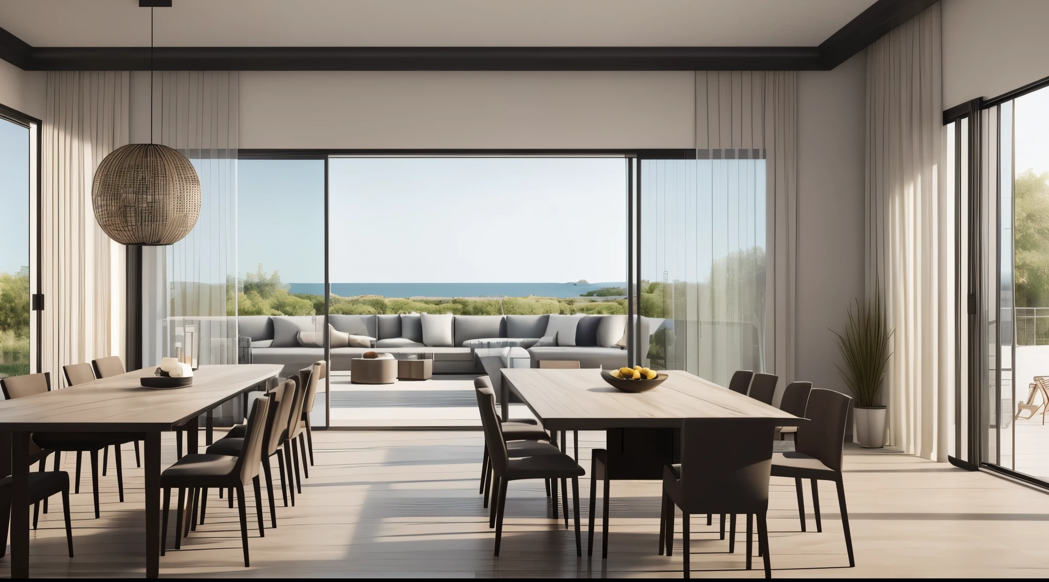 A long table and chairs in a room with large windows, presented in corona, highly photographic render, Award-winning rendering, rendered in vray, Render in V-Ray, rendered in cgi, Render with povray, with backdrop of natural light, Vray rendering, archviz, Vray renderinged, realistic physical rendering, Luminance rendering