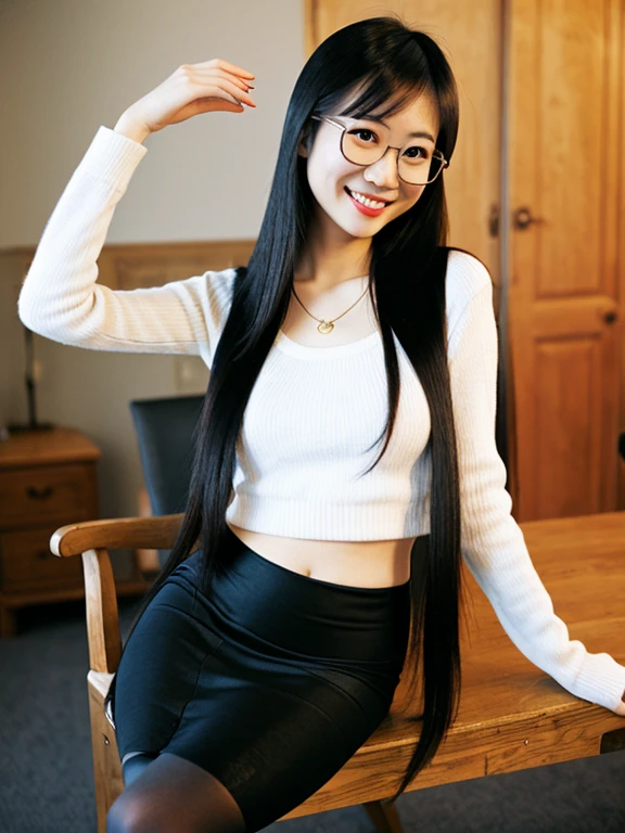 asian, glasses, small breasts, topless, smile, sexy pencil skirt, tights, long straight hair, long legs
