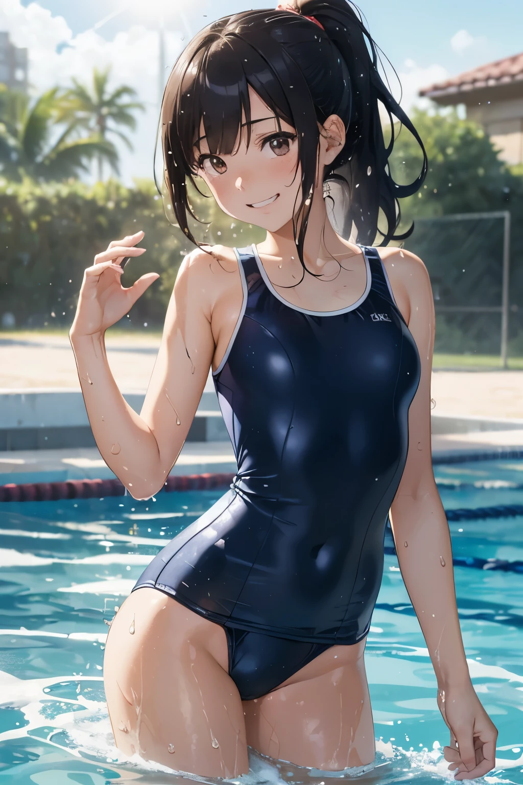 (masutepiece:1.2), (Best Quality:1.1), (hyper detailed illustration),(beautiful artwork), ager girl,(School swim wear), 1girl, (School Swimsuit:1.3), onepiece swimsuit, Outdoors, Long hair, Wet, Covered navel, Water, Black hair, (Big smile), Brown eyes, day, Small bust, Bangs, (Wet:1.1),(Water splash:1.1),Facing,(straggling hair),Ponytail,The swimsuit is wet,(Lens Flare),(Tsurime),(Sweat),(Bokeh:1.2),(brown eyes),cowboy shot,(evil smile),(NAVY BLUE school-swimsuit:1.3),sandy beach,contrapposto,arched body,