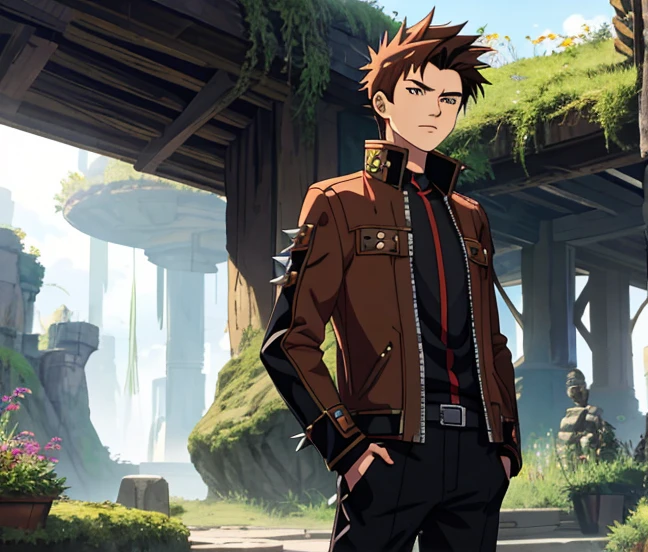 Male, 16-years-old, spiky brown hair, anime clothes, earth magic, hands in pockets, fantasy setting.