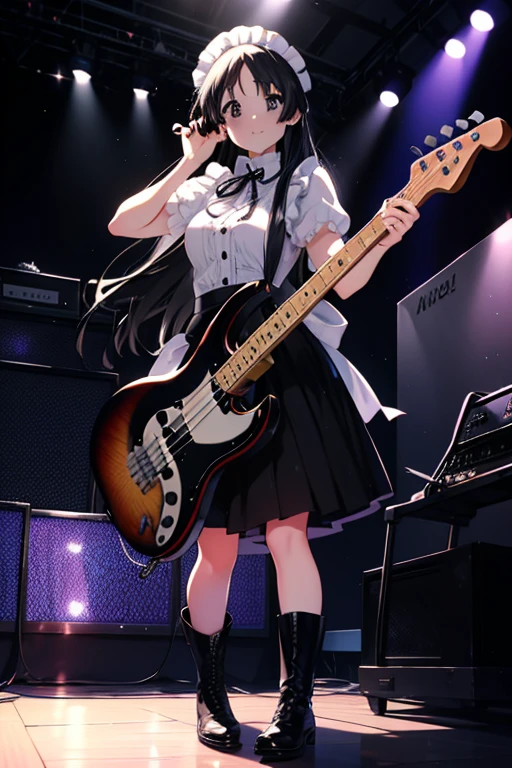 Mount Mimyeong, mio akiyama, (Black eyes:1.5), Black hair, Long hair, Maids，long  skirt，Short boots，bass(フェンダージャズbass)is playing、Rock Band Concert, Musical instrument performance, stageパフォーマンス, hot air,Happy atmosphere、Clip Studio、Illustration of transparency and brightness，closing eye、a smile，stage，On stage，BREAK (masutepiece:1.2), Best Quality, High resolution, Unity 8k壁纸, (Illustration:0.8), (Beautiful detailed eyes:1.6), extra detailed face, Perfect Lighting, extremely details CG, (Perfect hands, Perfect Anatomy),