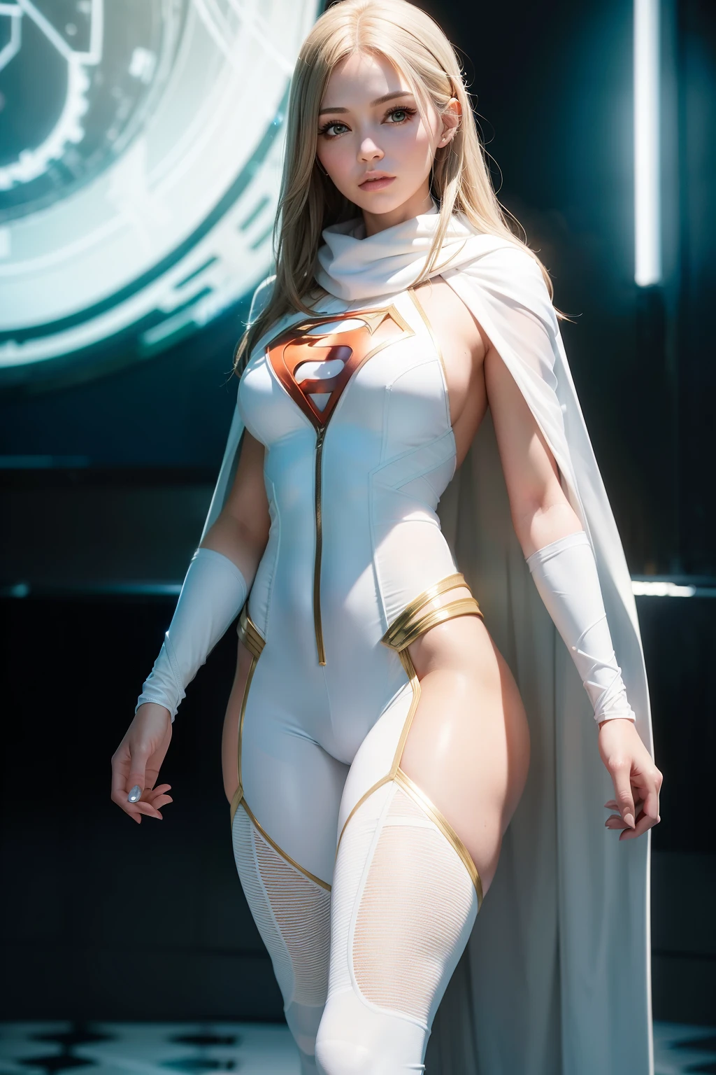 Bust ((half body)) hyperrealistic masterpiece, Superheroine girl ((in Elden Ring style)) in extremely detailed tech tight plugsuit ((with scarf & white cape)), cinematic illumination: 8k