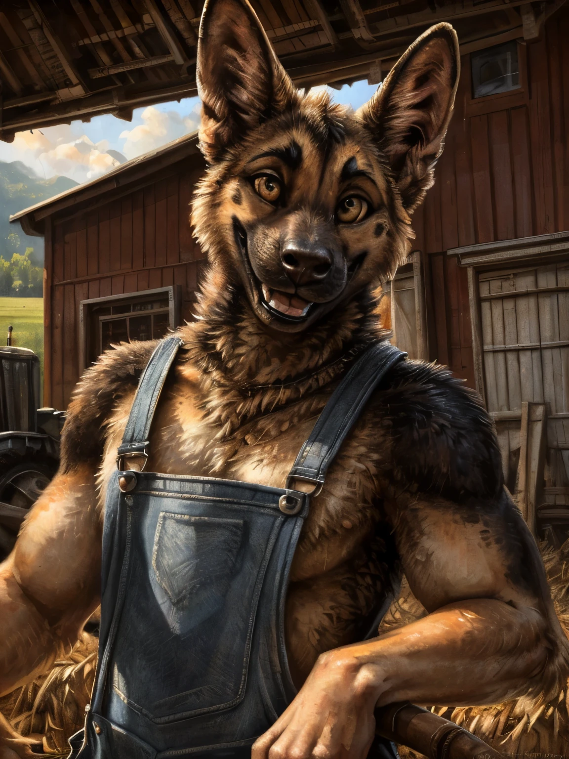 farm setting,  German Shepherd, lagomorph, muscular, overalls, happy, looking at viewer,
by Kenket, (Sharp focus, masterpiece, 8k, intricate artwork, hyper detailed, high detail),