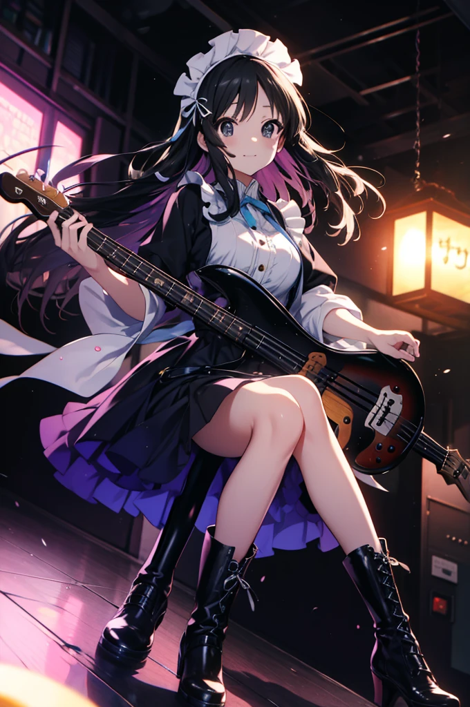 Mount Mimyeong, mio akiyama, (Black eyes:1.5), Black hair, Long hair, Maids，long  skirt，Short boots，bass(フェンダージャズbass)is playing、Rock Band Concert, Musical instrument performance, stageパフォーマンス, hot air,Happy atmosphere、Clip Studio、Illustration of transparency and brightness，closing eye、a smile，stage，On stage，BREAK (masutepiece:1.2), Best Quality, High resolution, Unity 8k壁纸, (Illustration:0.8), (Beautiful detailed eyes:1.6), extra detailed face, Perfect Lighting, extremely details CG, (Perfect hands, Perfect Anatomy),