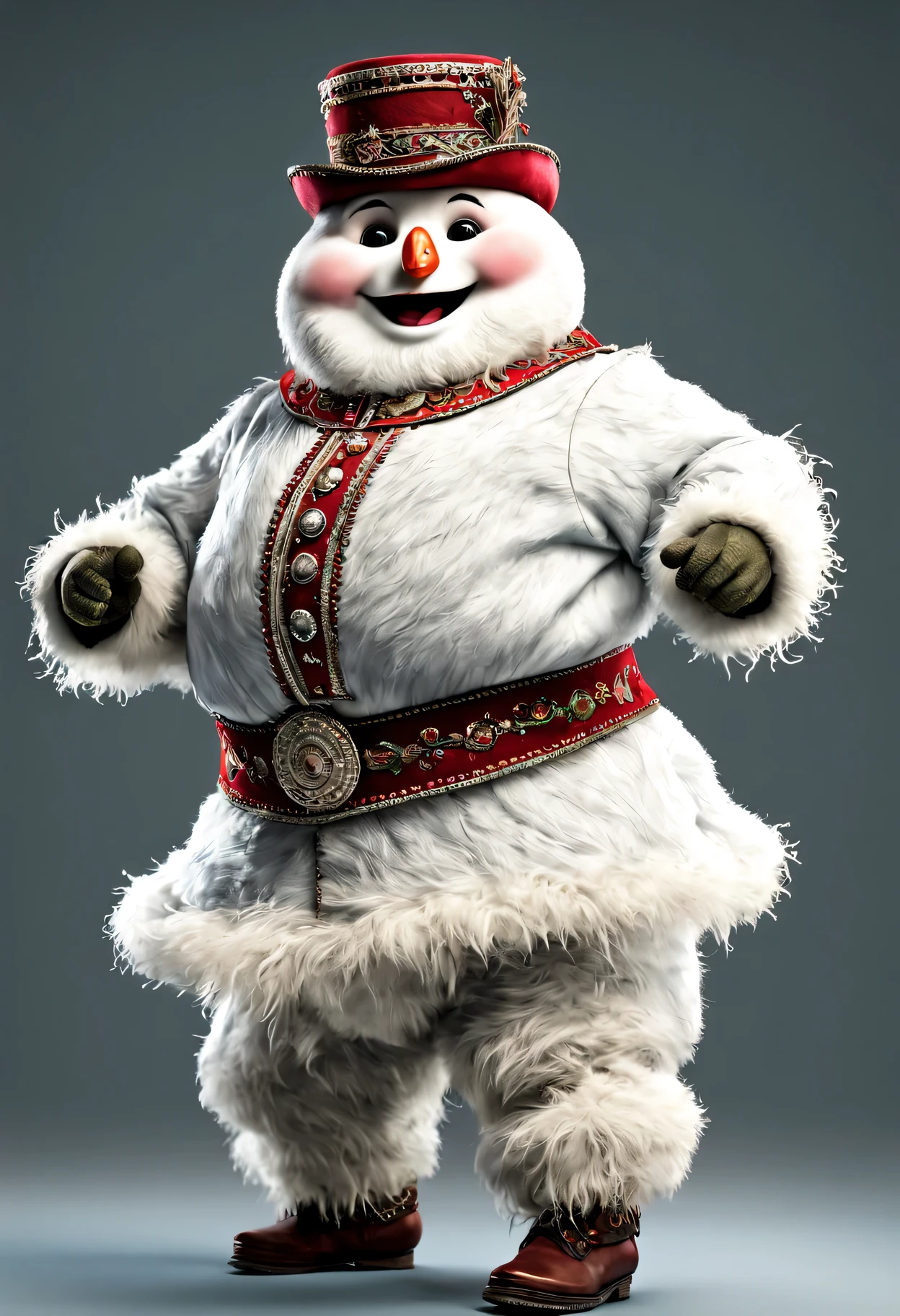 photorealistic portrait of Dressed animals - a fat   abominable snowman cossack dancer,(cossack dancing dynamic action pose),  high quality,(lovely) ,intricate details, highly detailed ((cossack dance costume)) ,highly detailed decorations,, (happy), studio lighting,(full body image:1.5)