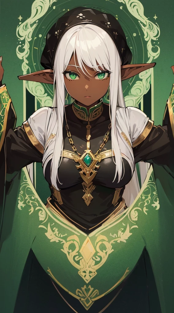 (((Very high image quality))),((Dark Skin)),(((Elf Woman))),(((White hair))),(((green eyes))),(((Seyxy body))),((Wearing leather clothing))