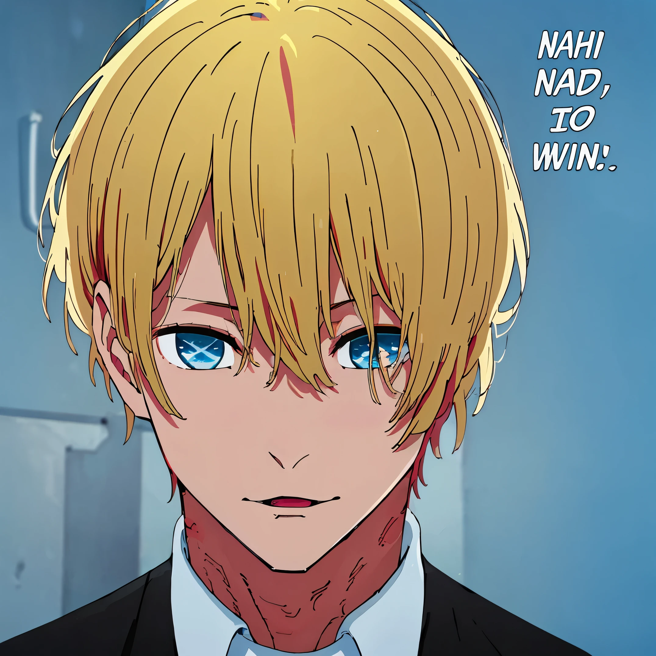 (masterpiece, best quality:1.2), nahidwin, speech bubble, english text, close-up, solo, male focus, 1boys, hoshino aquamarine, blonde hair,