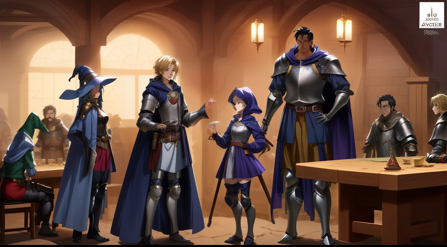 anime of several unique characters visit a fantasy tavern in full medieval fantasy adventuring gear, there is a sleight height difference among the group.  || a anime promiscuous short haired girl in legguards || a anime volopeous witch || a anime stocky paladin || aanime  hooded mysterious ranger