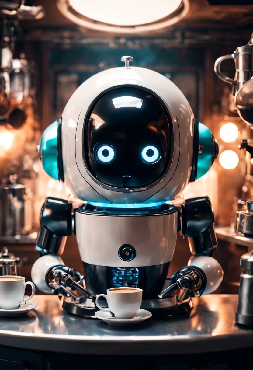 Ghibli style space capsule background with detailed technology and more cute robot butler(eyes bright and clear) ,Turn on the coffee machine in the kitchen,Detailed preparation of a cup of coffee, Focus sharp, Cinematic visual effects, Ultra-detailed movie lighting effects, fantasy art and mysterious atmosphere,Dramatic lighting with depth of field