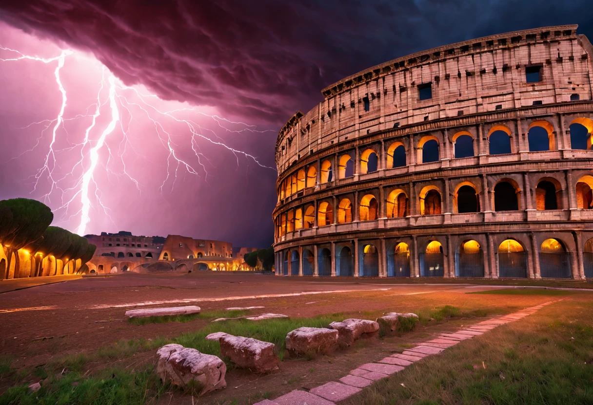 ultra hd, realistic, vivid colors, highly detailed, personality in 2024: The Colosseum of Rome, hail, and fierce winds wreak havoc on the landscape below. Lightning bolts illuminate the sky, while a monstrous tornado tears its way through the countryside, leaving a path of destruction in its wake