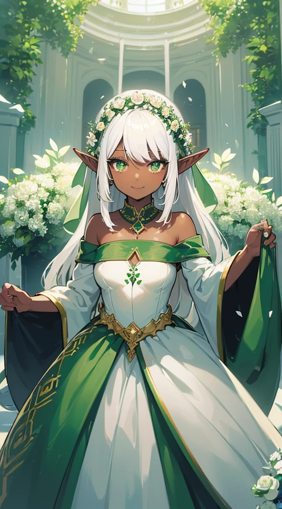 (((Very high image quality))),((Dark Skin)),(((Elf Woman))),(((White hair))),(((green eyes))),(((Seyxy body))),((Detailed and beautiful wedding dress)),((sweet smile))