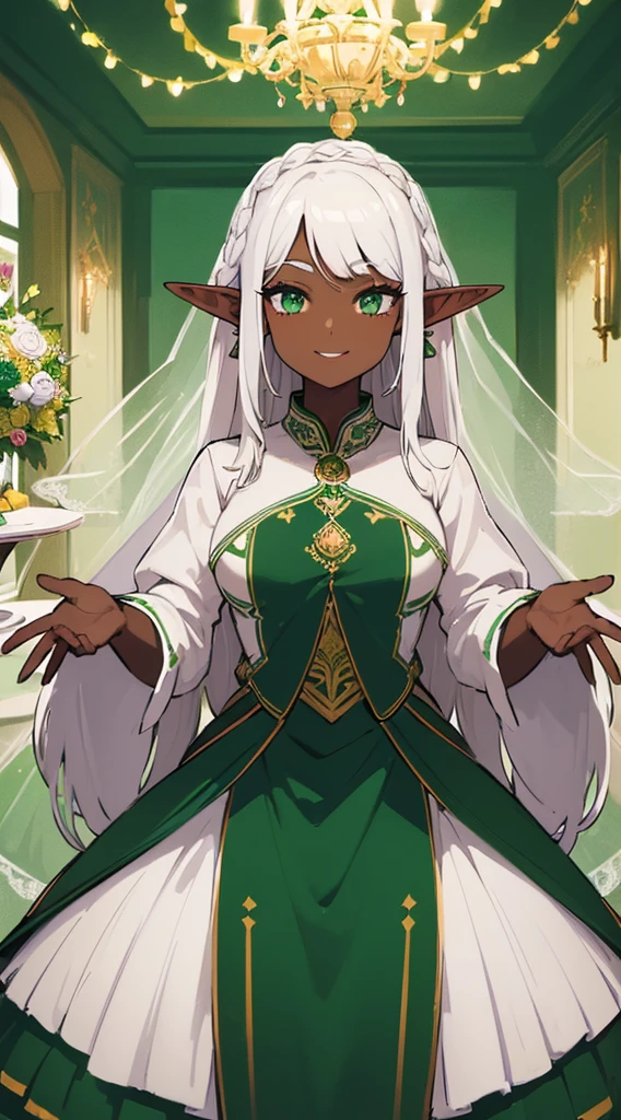 (((Very high image quality))),((Dark Skin)),(((Elf Woman))),(((White hair))),(((green eyes))),(((Seyxy body))),((Detailed and beautiful wedding dress)),((sweet smile))