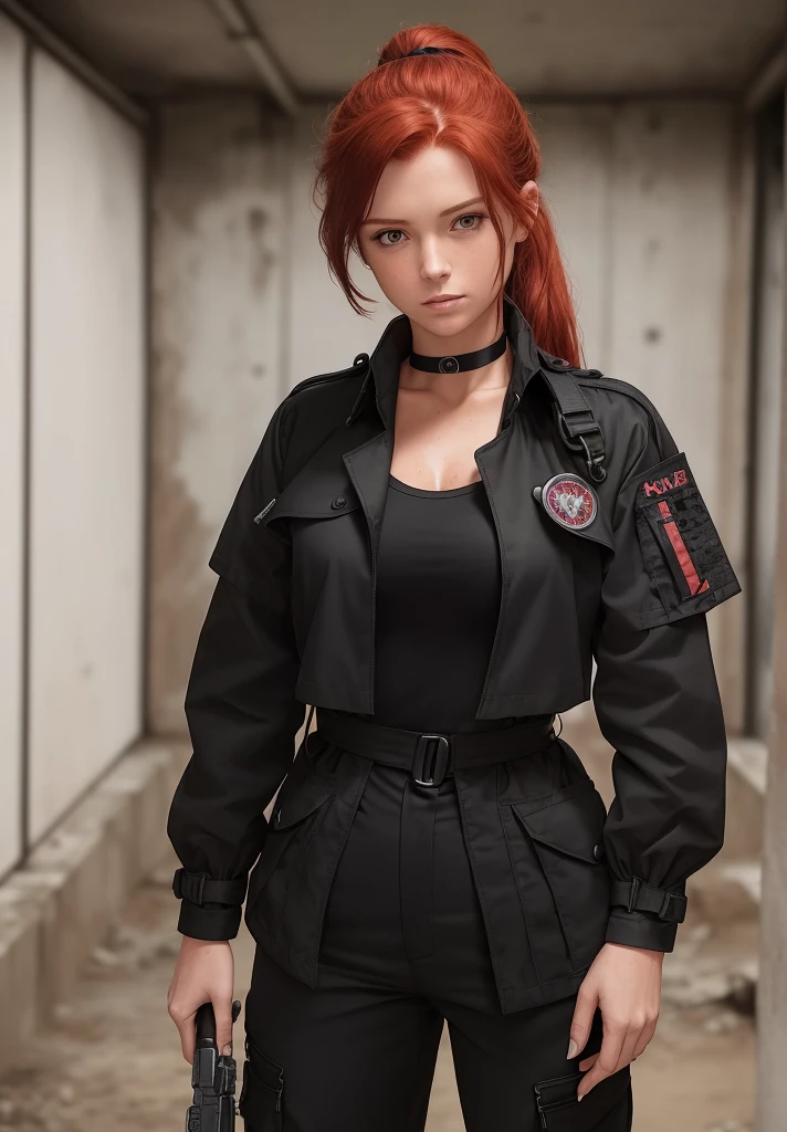 redhead, ((medium hair)), ((dark red hair)), ((solo female)), ((solo)), ((small breasts)), ((abandoned nuclear bunker)), ((character portrait)), ((1woman)), ((bedroom)), ((front view)), sweating, ((ponytail)), ((solo female)), ((solo)), ((fully clothed)), ((1woman)), sweating, ((choker collar)), ((18 year old female)), (best quality, masterpiece:1), solo, green eyes, portrait, fingers, close up photo, ((ankle length trenchcoat)), ((black bdu pants)), ((black bdu shirt)), ((pistol in leg holster))