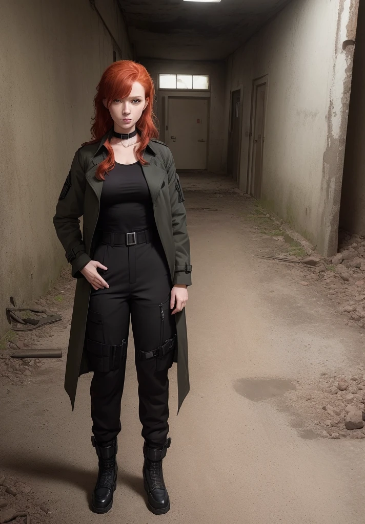 redhead, ((medium hair)), ((dark red hair)), ((solo female)), ((solo)), ((small breasts)), ((abandoned nuclear bunker)), ((character portrait)), ((1woman)), ((bedroom)), ((front view)), sweating, ((ponytail)), ((solo female)), ((solo)), ((fully clothed)), ((1woman)), sweating, ((choker collar)), ((18 year old female)), (best quality, masterpiece:1), solo, green eyes, portrait, fingers, close up photo, ((ankle length trenchcoat)), ((black bdu pants)), ((black bdu shirt)), ((pistol in leg holster))