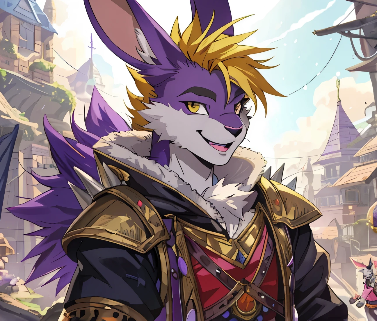 Male, rabbit anthro, 16-years-old, purple fur, spiky yellow hair, eye lashes, flamboyant clothing, fantasy setting, big smile.