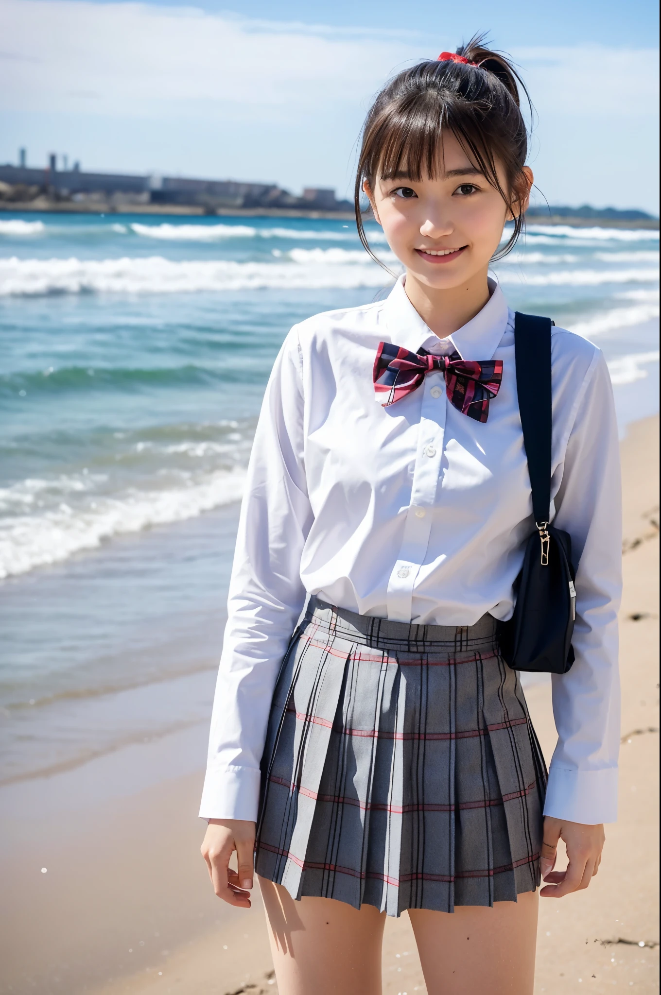 girl standing on windy beach in winter,long-sleeved white sailor shirt with plaid red bow tie,navy blue pleated skirt,school bag,Hokkaido railway train,18-year-old,bangs,a little smile,thighs,short cut hair,low ponytail,hair browing,from beside,frontlighting