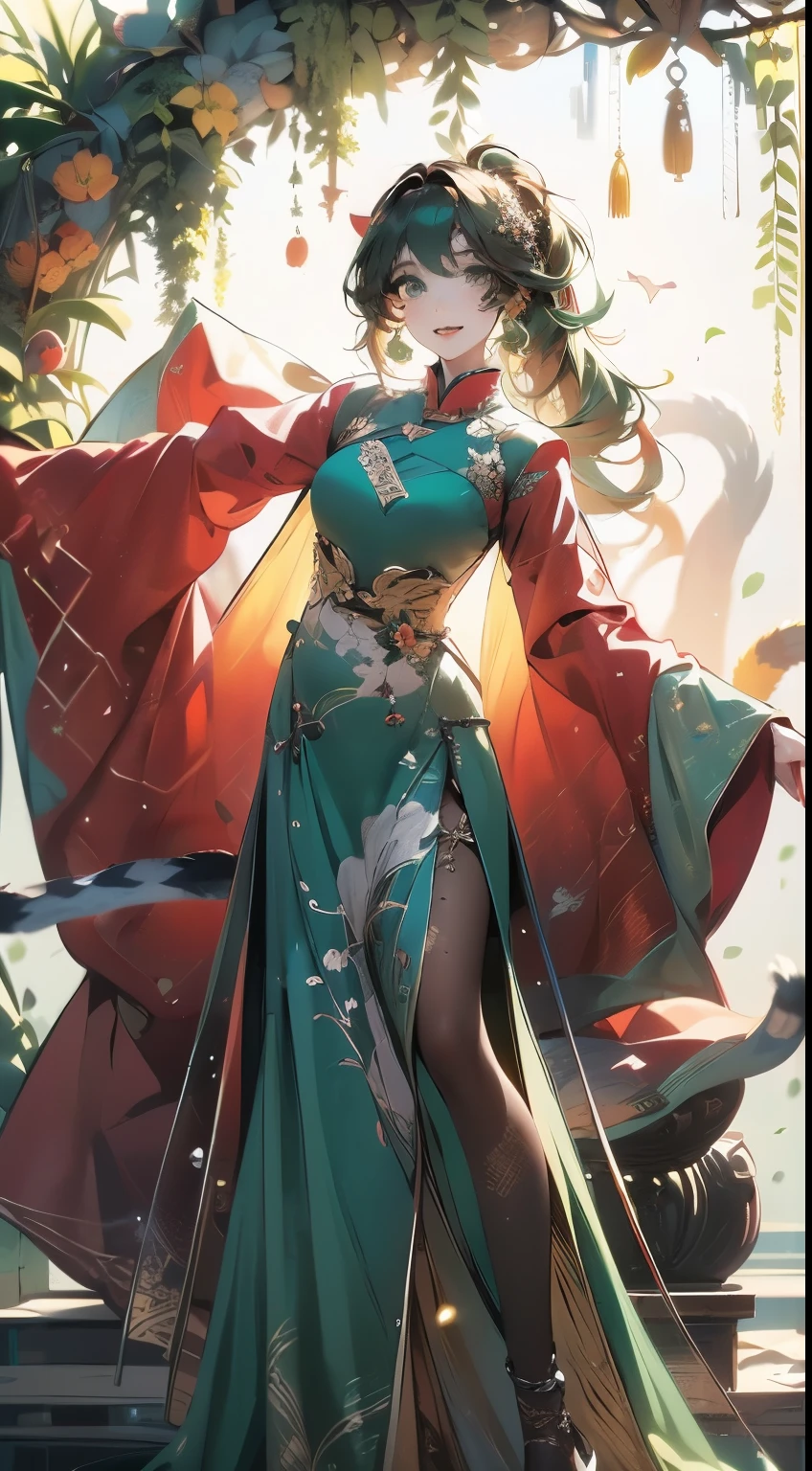 masterpiece , detailed image , detailed eyes , beautiful eyes , detailed hair , detailed hands , normal hands , detailed fingers , normal fingers , 1girl , solo , 19 year old girl , beautiful girl , cute girl , (Tiger’s color eyes:1.5), sparkling eyes, bright eyes, (pony tail hair:1.5), waist length hair, ((Dark moss green-colored hair:1.5)), (bangs hairs:1.5), (happy expression:1.5), big smile, cute emotion, big eyes , ((wearing an oversized Cornsilk-colored innovative Ao dai :1.5 )), a cute innovative Ao dai,Modern design of Ao dai, (Decorative motifs on the ao dai use Pakistan green color:1.5) , (Aodai clothes:1.5) ,The ao dai has some Earth yellow colors to decorate it, Cute action, lovely pose, (white background:1.5), cinema light background, blurred background , cowboy shot , look the viewer