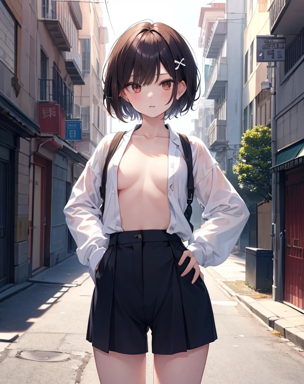 ​masterpiece,1girl in,独奏,short-hair,Dark hair,校服, street,Hands on the hips, hands on pockets,Open your crotch,barechested,