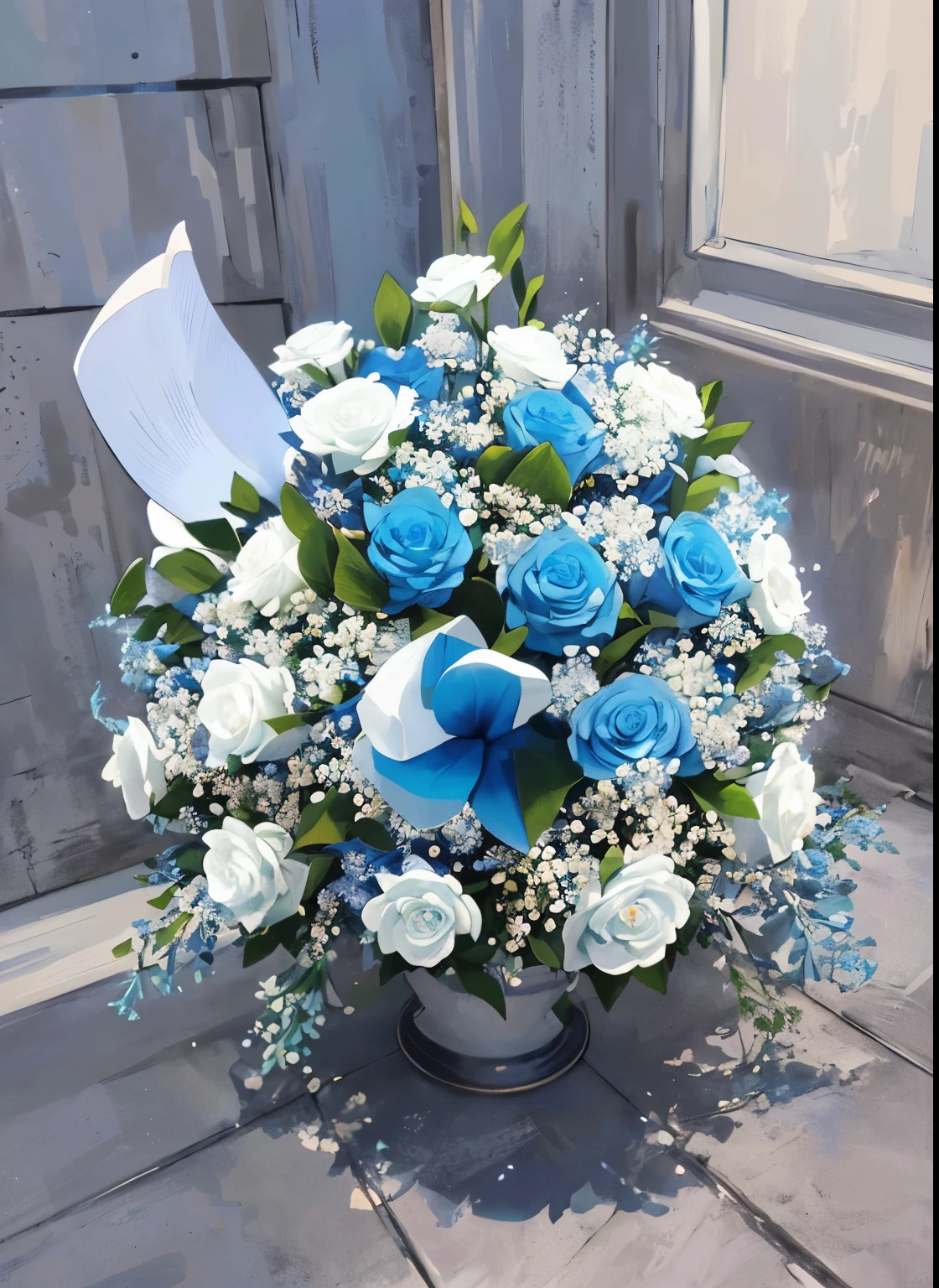 there is a bouquet of blue and white roses and baby's breath, elegent, blue and white, bouquet, blue and white tones, white and blue, very very elegant, blue white colors, wonderful masterpiece, f 2 4, funeral, f 2 0, outstanding detail, elegant!!, blue! and white colors, in heaven, geenss archenti flores
