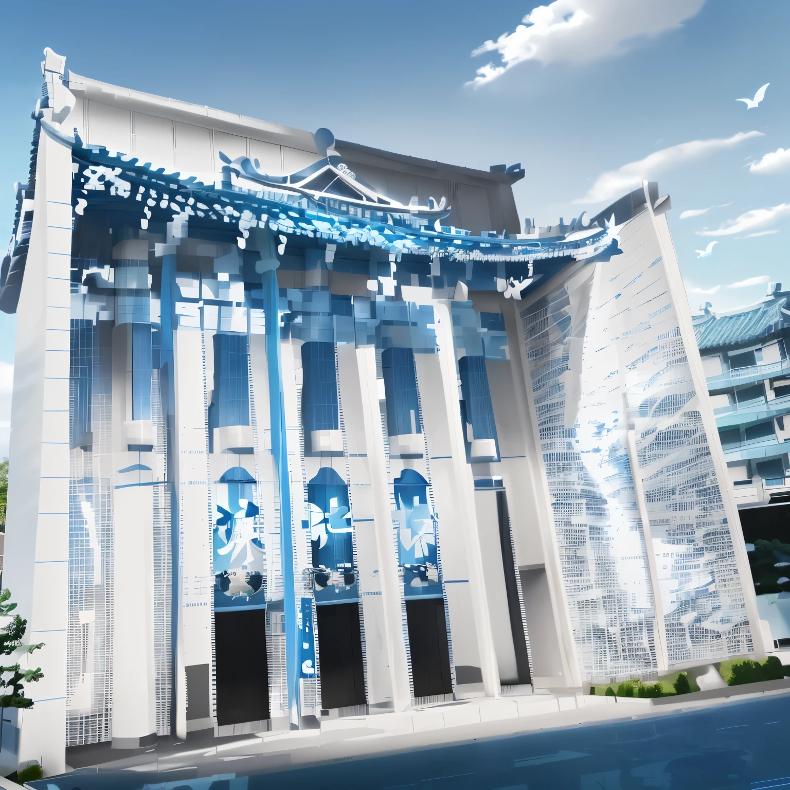 with blue sky and white clouds,outside,building entrance,Marine theme,Immersive exhibition hall entrance,There is a LOGO with the word Shuiquetai on it.,The wall is LED lines,Pattern of sea goddess,Chinese mythology,immortal,Metaverse,projection,teamlab, k hd,tmasterpiece,Chinese traditional style,
