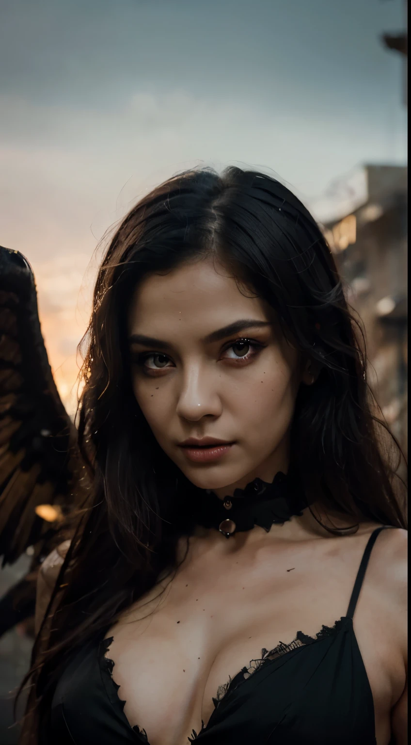 (best quality,4k,8k,highres,masterpiece:1.2),ultra-detailed,beautiful detailed eyes,long black hair,red eyes,black wings,[demon wings extremely detailed eyes and face,[black gloves],demon,[red ultra sheer lingirie],dark scenery,portraits,colorful lighting,sharp focus,vivid colors