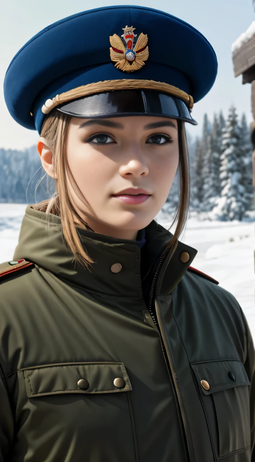 (4K), (Best Quality), (highest details), (A hyper-realistic), kaisa, Russian soldiers, Winters, snow blowing, Russian hat, Sunglasses, Beautiful, Soldier salute, Looking at Viewer, Winters war.
