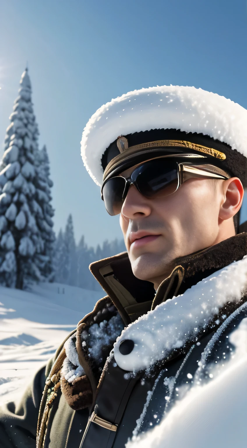 (4K), (Best Quality), (highest details), (A hyper-realistic), kaisa, Russian soldiers, Winters, snow blowing, Russian hat, Sunglasses, Beautiful, Soldier salute, Looking at Viewer, Winters war.