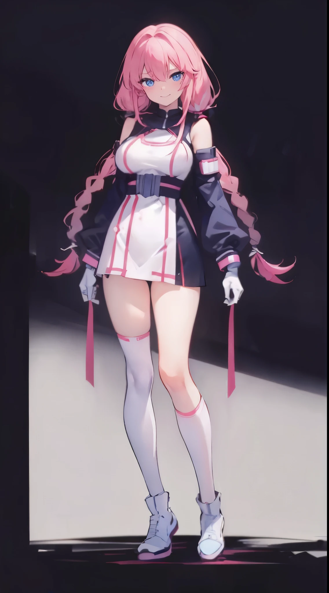 super precision,masterpiece, top-quality,(((Full body like))),(((One girl))), Detailed eyes, (Looking at Viewer:1.2), (Beautiful face:1.2),a beauty girl,braid low twintails,Very long hair,(Pink gradient hair),Sauce order,(Light blue eyes),Very smiling,Cyberpunk clothing,Cool clothes,head phone,Garter Socks,Short boots,gloves,Slender figure,(Smaller breasts),Slimming legs,Short stature,sixteen years old,(((simple background,)))