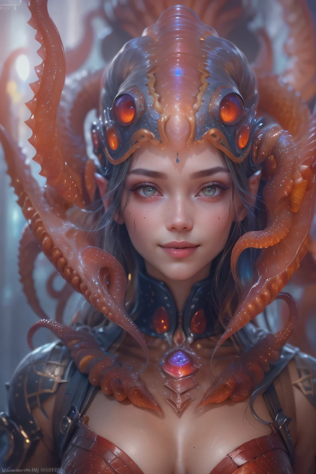Portrait, (1 beautiful female alien:1.2), (There is a female genital-like organ in the middle of the forehead.:1.8), (The most beautiful face in the history of the universe:1.2), (Scarlet eyes that shine mysteriously:1.6), (Translucent skin:1.8), an evil gaze that seduces, (red eyes:1.5), (large mouth:1.1), sharp teeth like a shark, Full body like, (bio luminescent:1.2), (Smile wickedly:1.3), (sexypose:1.5), alien, No humans, cells are fused, (Lots of translucent tentacles:1.1) (Translucent skin:1.3), extraterrestrial, cell, bio image, Best Quality, 8K,4K_quality, High Definition, Dramatic Lighting, masutepiece:1.5,cinematic quality, detail up, (Intricate details:1.2), High resolution, High Definition, drawing faithfully, (Thick eyebrows:1.2), Beautiful eyes with fine symmetry, (Ultra detailed eyes:1.2),(Highly detailed face and eyes:1.2), (High-resolution red-eye:1.4), Intimate face, (Super detailed skin quality feeling:1.4), Perfect Anatomy, (Beautiful toned body:1.5), (Moist skin:1.2), No makeup, (dark circles:1.1), long canines, cinematic drawing of characters, ultra high quality model, cinematic quality, detail up, (Intricate details:1.2), High resolution, High Definition, drawing faithfully, Official art, Unity 8K wall , 8K Portrait, Best Quality, Very High resolution, ultra detailed artistic photography, midnight aura, unreal enginee 5, Ultra Sharp Focus, art by alberto seveso, ArtGerm, Roisch, intricate artwork, best quality, masutepiece, ultra High resolution, (photos realistic:1.4), Ultra-realistic realism, dream-like, nautilus, Creation of fantasy, Snail, Dream Snail, (biopunk nautilus:1.3), Thrilling color schemes, Ultra-realistic realism, seductively smiling, Blue tentacles