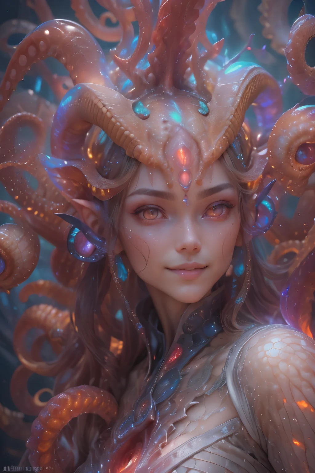 Portrait, (1 beautiful female alien:1.2), (There is a female genital-like organ in the middle of the forehead.:1.8), (The most beautiful face in the history of the universe:1.2), (Scarlet eyes that shine mysteriously:1.6), (Translucent skin:1.8), an evil gaze that seduces, (red eyes:1.5), (large mouth:1.1), sharp teeth like a shark, Full body like, (bio luminescent:1.2), (Smile wickedly:1.3), (sexypose:1.5), alien, No humans, cells are fused, (Lots of translucent tentacles:1.1) (Translucent skin:1.3), extraterrestrial, cell, bio image, Best Quality, 8K,4K_quality, High Definition, Dramatic Lighting, masutepiece:1.5,cinematic quality, detail up, (Intricate details:1.2), High resolution, High Definition, drawing faithfully, (Thick eyebrows:1.2), Beautiful eyes with fine symmetry, (Ultra detailed eyes:1.2),(Highly detailed face and eyes:1.2), (High-resolution red-eye:1.4), Intimate face, (Super detailed skin quality feeling:1.4), Perfect Anatomy, (Beautiful toned body:1.5), (Moist skin:1.2), No makeup, (dark circles:1.1), long canines, cinematic drawing of characters, ultra high quality model, cinematic quality, detail up, (Intricate details:1.2), High resolution, High Definition, drawing faithfully, Official art, Unity 8K wall , 8K Portrait, Best Quality, Very High resolution, ultra detailed artistic photography, midnight aura, unreal enginee 5, Ultra Sharp Focus, art by alberto seveso, ArtGerm, Roisch, intricate artwork, best quality, masutepiece, ultra High resolution, (photos realistic:1.4), Ultra-realistic realism, dream-like, nautilus, Creation of fantasy, Snail, Dream Snail, (biopunk nautilus:1.3), Thrilling color schemes, Ultra-realistic realism, seductively smiling, Blue tentacles