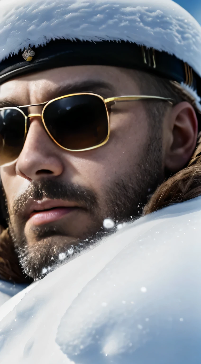 (4K), (Best Quality), (highest details), (A hyper-realistic), kaisa, Russian soldiers, Winters, snow blowing, Russian hat, Sunglasses, Beautiful, Soldier salute, Looking at Viewer, Winters war. ((facial close-up))