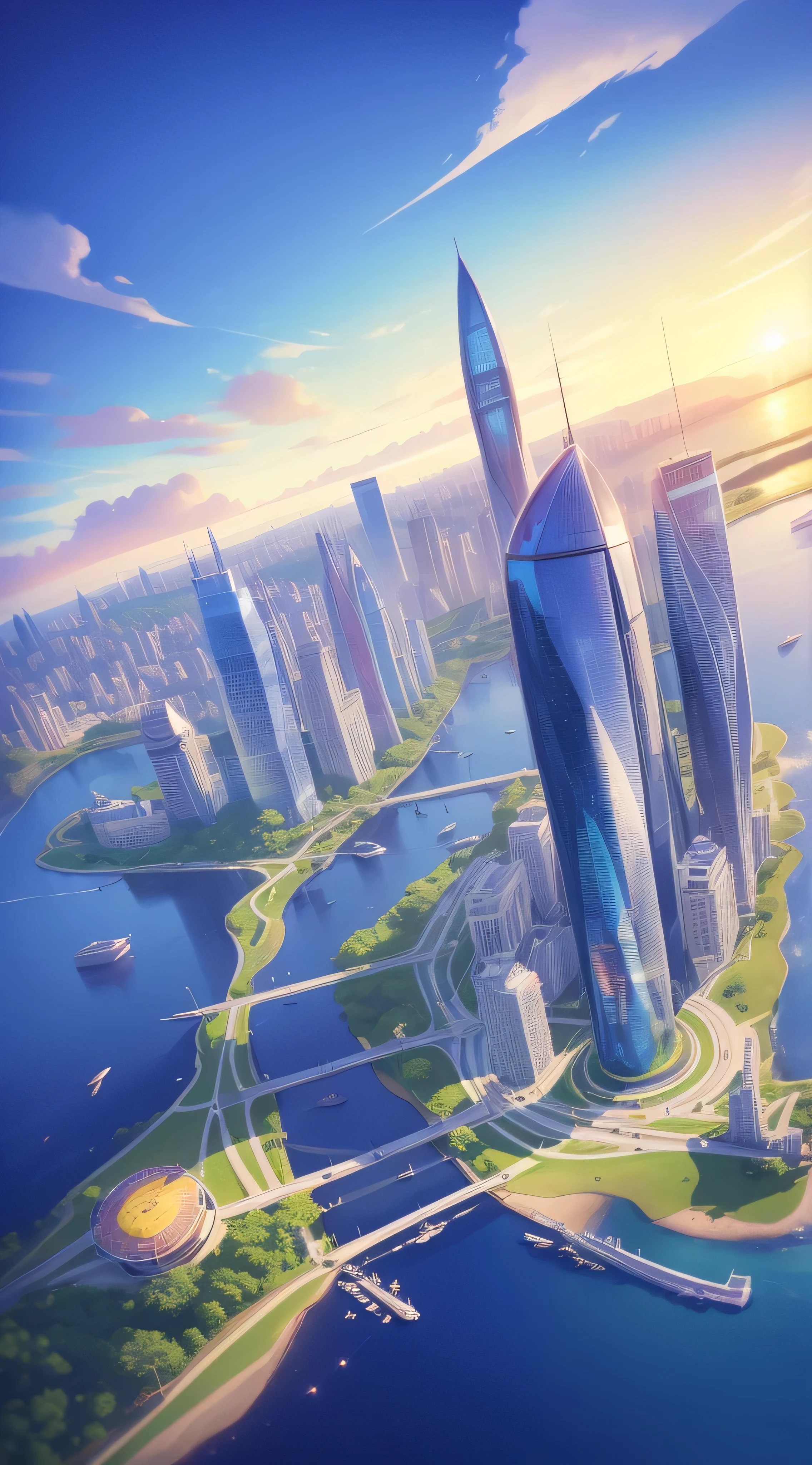 Animation City with a bridge and a river in the middle,The train is passing by,In the middle is a lighthouse,concept-art,concept-art,detailed photo of virtual world,美丽的The cities of the future,The cities of the future,元宇宙concept-art,Panoramic view of the entire city,Bright shadeluth