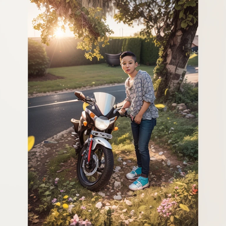 A boy on a bike, the background natural, blur, realistic face, 8k