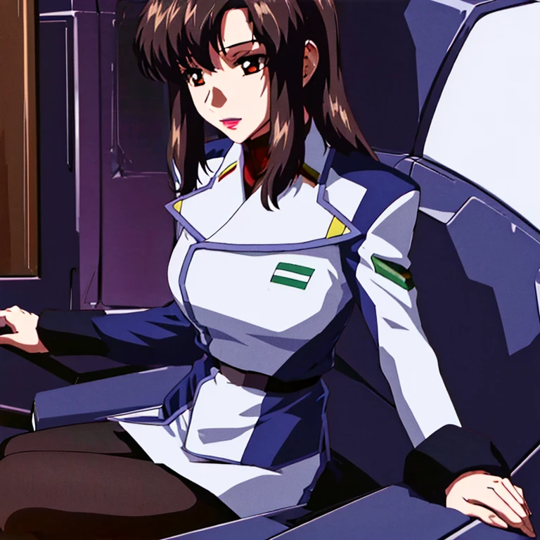 masterpiece, best quality, highres, murrue ramius, 1girl, solo, (black_pantyhose:1.1), military uniform, military, makeup, white shirt, white skirt, tight skirt, sitting, upper body, cockpit, space, open mouth,