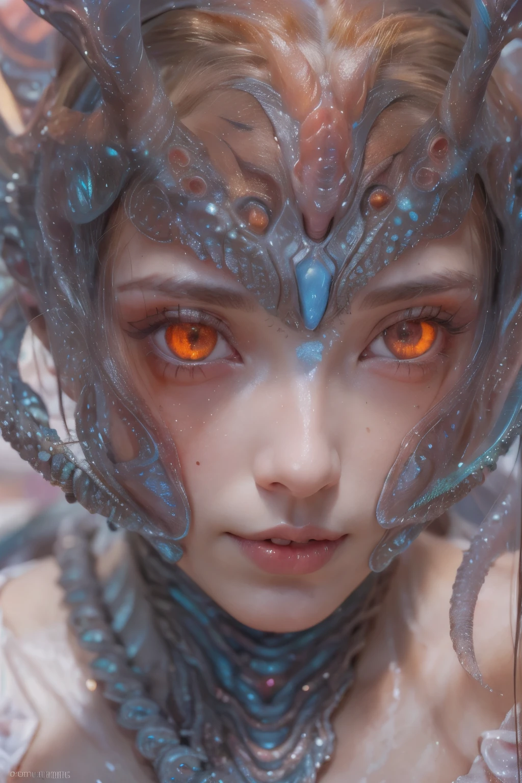 Portrait, (beautiful female alien:1.2), (There is a female genital-like organ in the middle of the forehead:1.8), (The most beautiful face in the history of the universe:1.2), (Scarlet eyes that shine mysteriously:1.6), (Translucent skin:1.8), an evil gaze that seduces, (red eyes:1.5), (large mouth:1.1), sharp teeth like a shark, Full body like, (bio luminescent:1.2), (Smile wickedly:1.3), (sexypose:1.5), alien, No humans, cells are fused, (Lots of translucent tentacles:1.1) (Translucent skin:1.3), extraterrestrial, cell, bio image, Best Quality, 8K,4K_quality, High Definition, Dramatic Lighting, masutepiece:1.5,cinematic quality, detail up, (Intricate details:1.2), High resolution, High Definition, drawing faithfully, (Thick eyebrows:1.2), Beautiful eyes with fine symmetry, (Ultra detailed eyes:1.2),(Highly detailed face and eyes:1.2), (High-resolution red-eye:1.4), Intimate face, (Super detailed skin quality feeling:1.4), Perfect Anatomy, (Beautiful toned body:1.5), (Moist skin:1.2), No makeup, (dark circles:1.1), long canines, cinematic drawing of characters, ultra high quality model, cinematic quality, detail up, (Intricate details:1.2), High resolution, High Definition, drawing faithfully, Official art, Unity 8K wall , 8K Portrait, Best Quality, Very High resolution, ultra detailed artistic photography, midnight aura, unreal enginee 5, Ultra Sharp Focus, art by alberto seveso, ArtGerm, Roisch, intricate artwork, best quality, masutepiece, ultra High resolution, (photos realistic:1.4), Ultra-realistic realism, dream-like, nautilus, Creation of fantasy, Snail, Dream Snail, (biopunk nautilus:1.2), Thrilling color schemes, Ultra-realistic realism, seductively smiling, Blue tentacles