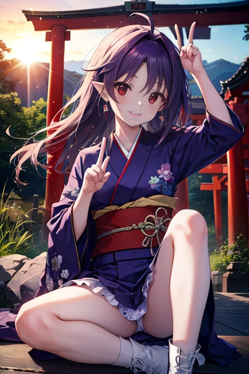Yuki Konno, Yuki Konno, shairband, Long hair, pointy ear, Purple hair, (Red Eyes:1.5), (Small breasts:1.2), Ahoge,Purple kimono,White mini skirt,knee high socks,Short boots,Girl's hands in peace pose, Girl making peace sign with both hands,Happy atmosphere,a smile,In front of the torii gate,shrines,Sunrise,the sun starts to rise,Upper body, Full body,
BREAK outdoors,
BREAK (masutepiece:1.2), Best Quality, High resolution, Unity 8k壁纸, (Illustration:0.8), (Beautiful detailed eyes:1.6), extra detailed face, Perfect Lighting, extremely details CG, (Perfect hands, Perfect Anatomy),