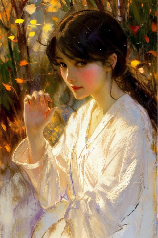 Colorful paintings, Sargent,by mucha, frontage, girl with, beautiful anime woman, very detailed face and eyes, Black hair, Long hair, A slight smil,energy in the palm of your hand,a woman luminous design, pastel colours, ink drips, autumn lights