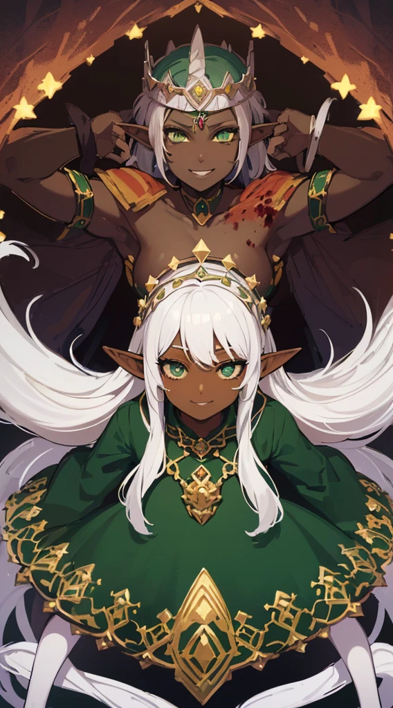 (((Very high image quality))),((Dark Skin)),(((Elf Woman))),(((White hair))),(((green eyes))),(((Seyxy body))),((Wearing a crown)),((Pose of a tyrant)),((bloody dress)),((Expression of hate with a smile))