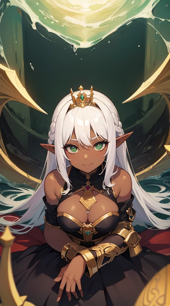 (((Very high image quality))),((Dark Skin)),(((Elf Woman))),(((White hair))),(((green eyes))),(((Seyxy body))),((Wearing a crown)),((Pose of a tyrant)),((bloody dress)),((Expression of hate with a smile))