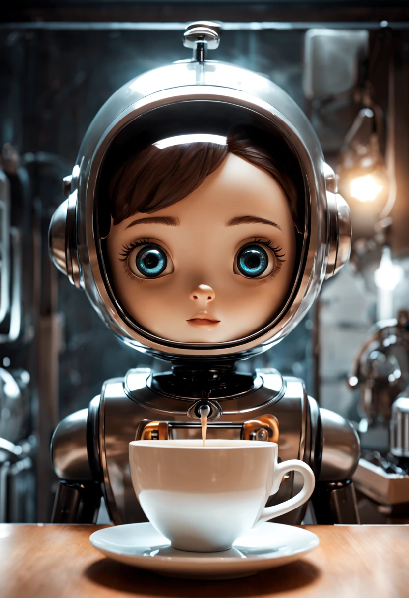 Ghibli style space capsule background，Meticulous technology，Robot butler is cuter(eyes bright and clear) ，Turn on the coffee machine in the kitchen，Detailed preparation of a cup of coffee, Focus sharp, Cinematic visual effects, Ultra-detailed cinematic lighting effects, Fantasy art and mysterious atmosphere,Dramatic lighting with depth of field