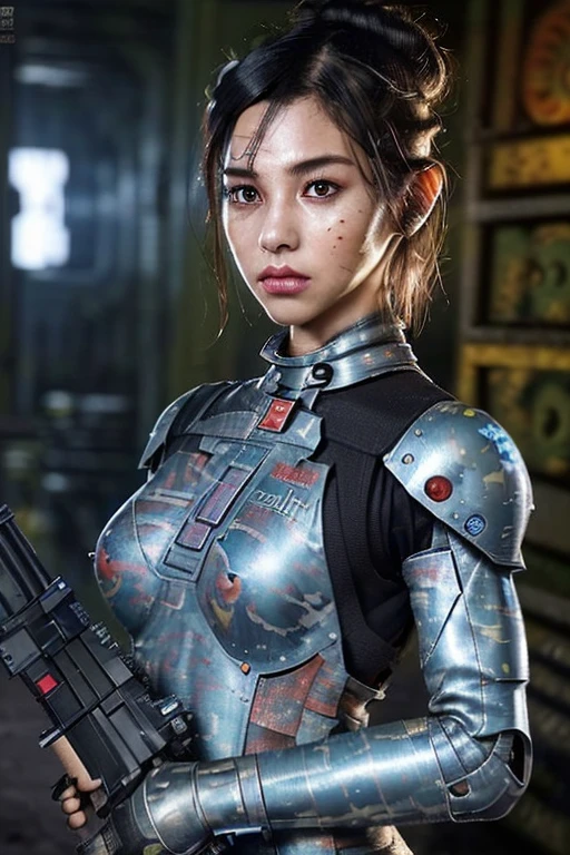 extremely detailed 16K CG unity wallpaper, (raw photograph, photorealistic:1.3), (cyberpunk:1.5), professional photo, cinematic lighting, depth of field, sharp focus, highest quality, masterpiece, authentic, best resolution, (intricately detailed face, ultra-realistic skin texture:1.5), ((correct anatomy, from front view:1.3)), 1 girl, ((female soldier with mechanized body:1.5)), solo, (cowboy shot:1.2), looking at viewer, (beautiful girl:1.5), black hair, (SINGLE hair bun:1.4), fairly detailed skin, (tan:1.2), dark eyes, realistic and bright eyes, beautiful nose and lips, expressionless, ((camouflaged:1.4)), ((alloy armor:1.3)), combat uniform, (slender, medium breast:1.5), ((holding 1 large blaster rifle, firing the blaster rifle against enemy position:1.5)), ((outdoor, futuristic town, battlefield, ruins:1.4)),